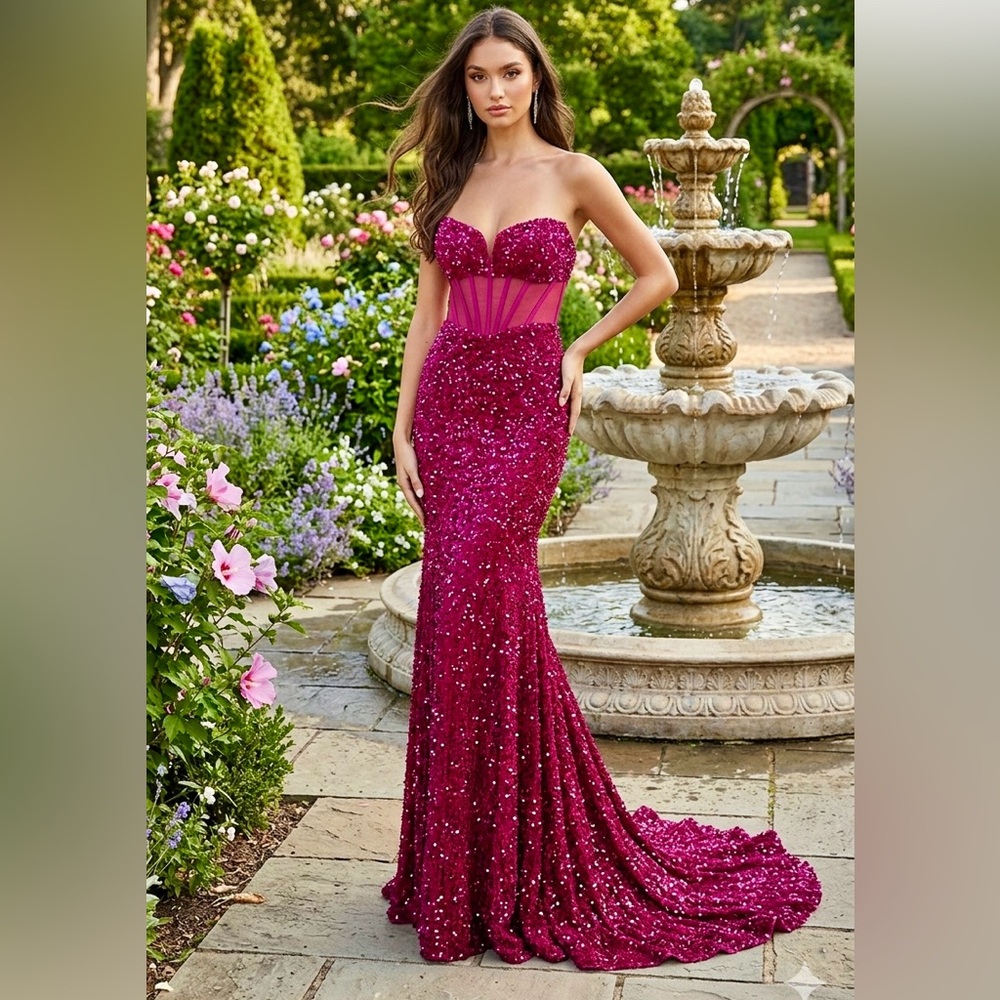 Alyce Paris Fuchsia Plush Sequins Strapless Sheer Top Dress size 00